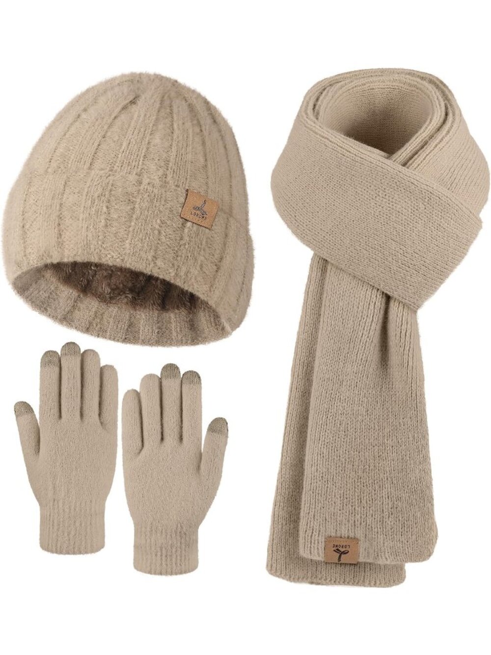 Women's Khaki Beanie Hat Gloves Scarf Cashmere Hat Gloves Scarf Accessories Set